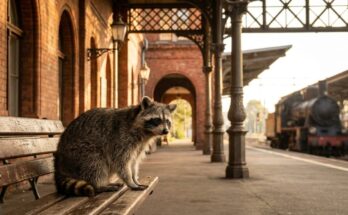 Poetry Slam Geschichte: ein Waschbär sitzt auf einer Holzbank in einem historischen Backsteinbahnhof, dahinter eine Dampflok