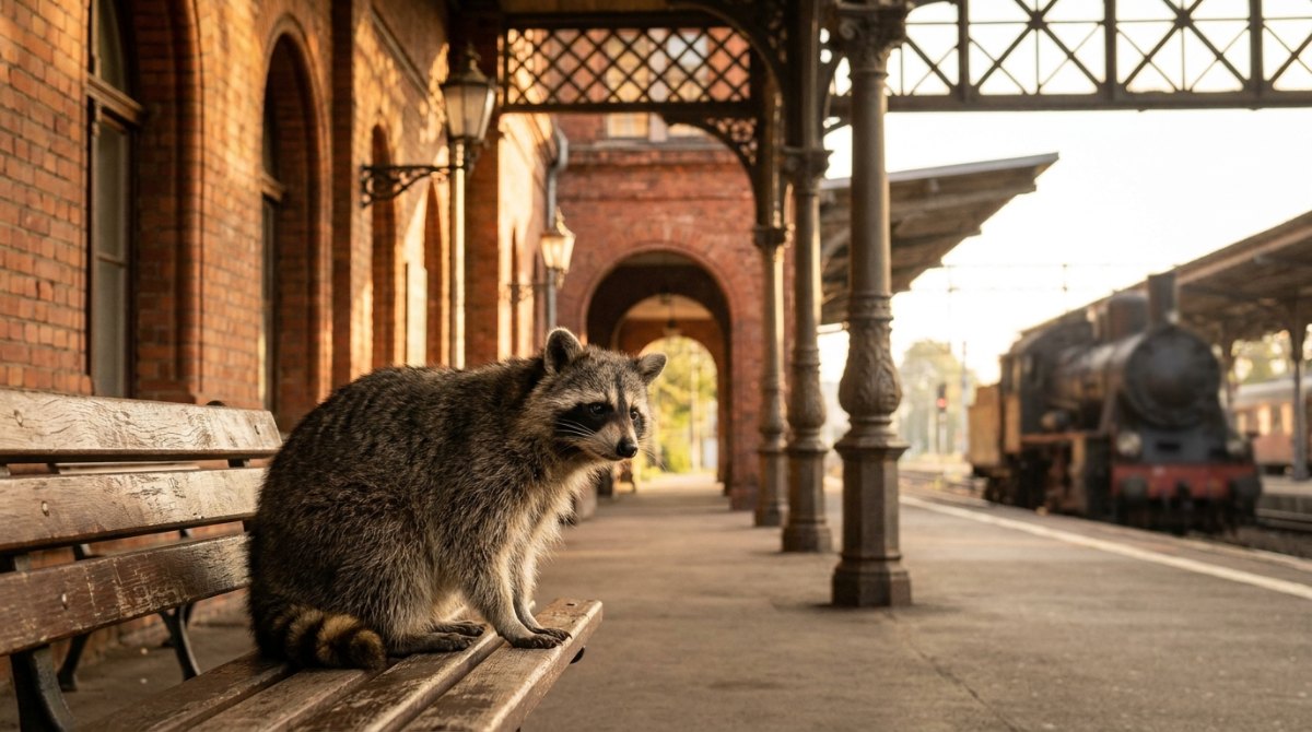 Poetry Slam Geschichte: ein Waschbär sitzt auf einer Holzbank in einem historischen Backsteinbahnhof, dahinter eine Dampflok