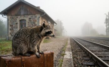Geschichten schreiben: Waschbär auf einem Koffer am nebligen Landbahnhof