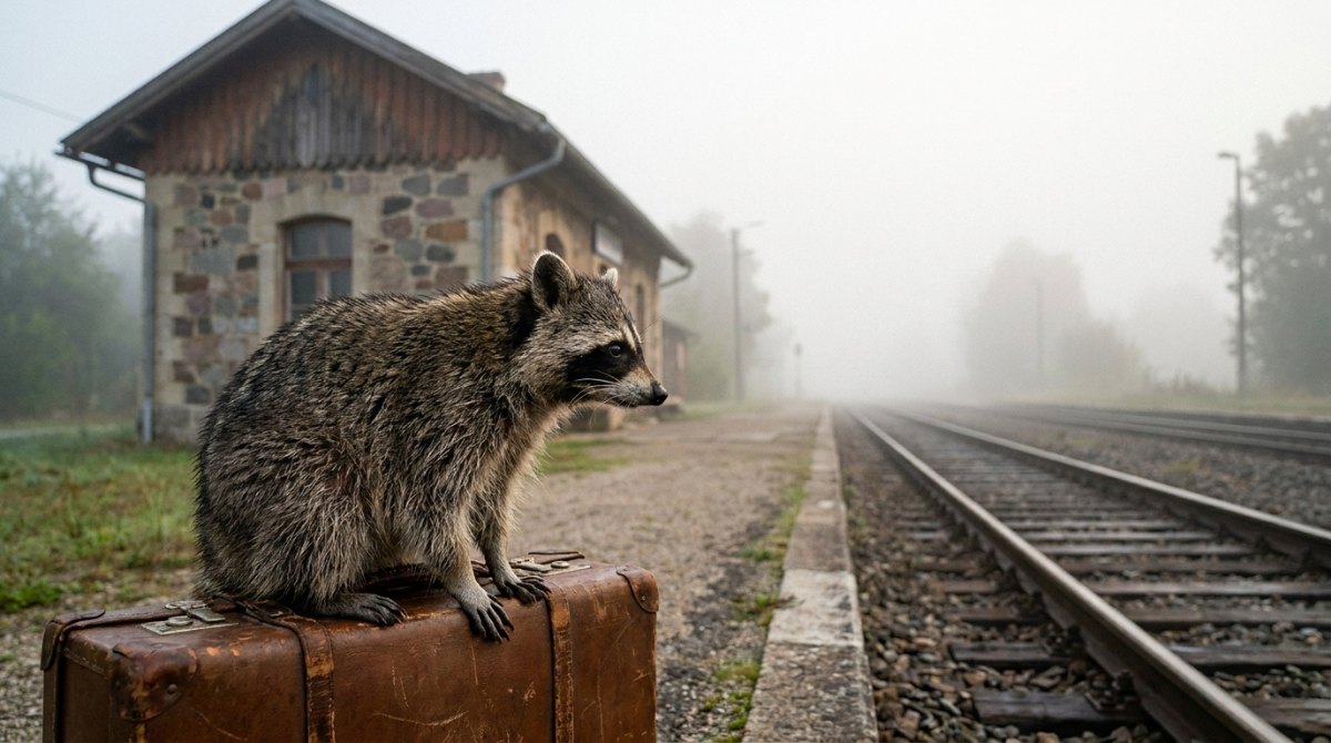 Geschichten schreiben: Waschbär auf einem Koffer am nebligen Landbahnhof