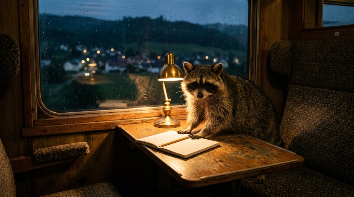 Geschichten schreiben: Waschbär mit leerem Notizbuch im nächtlichen Zugabteil