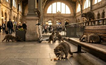 Poetry Slam über die Gesellschaft: viele Waschbären in einer großen Bahnhofshalle, jeder macht etwas anderes