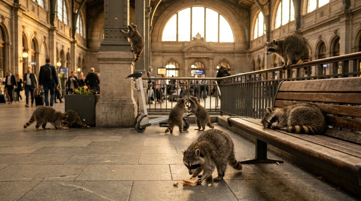 Poetry Slam über die Gesellschaft: viele Waschbären in einer großen Bahnhofshalle, jeder macht etwas anderes