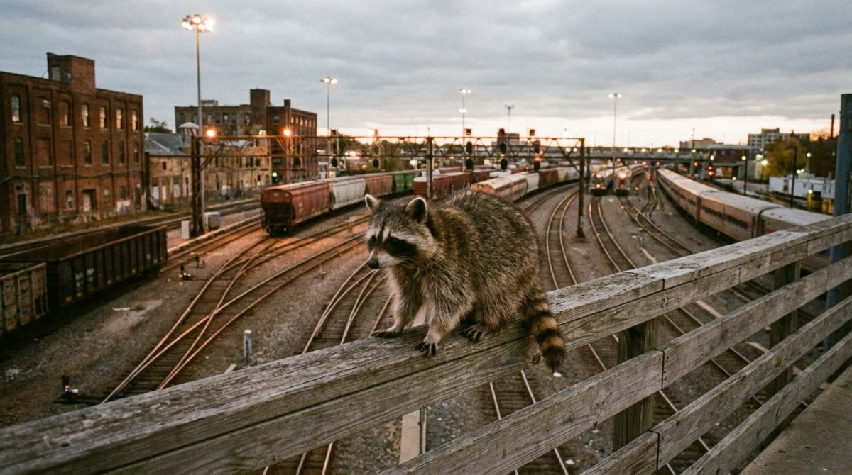 Ein Waschbär sitzt auf dem Geländer einer Fußgängerbrücke über einem großen Gleisfeld