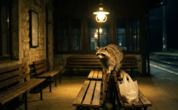 Gespräche nach dem Auftritt: Waschbär im nächtlichen Wartesaal neben einer Plastiktüte