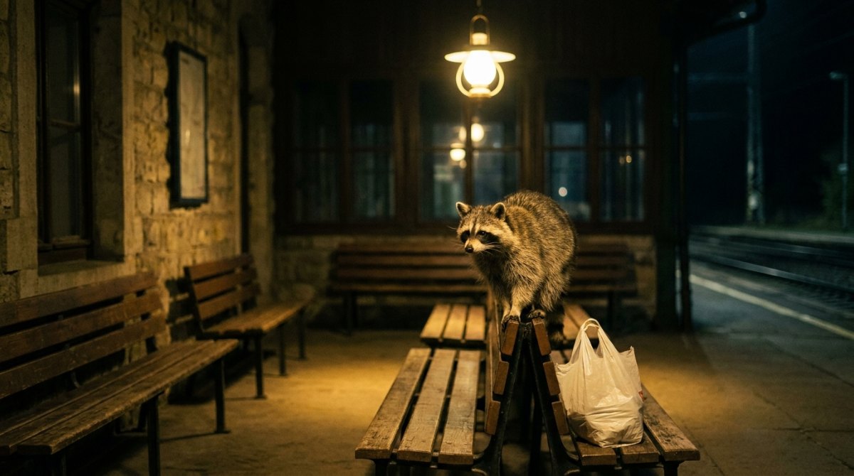 Gespräche nach dem Auftritt: Waschbär im nächtlichen Wartesaal neben einer Plastiktüte