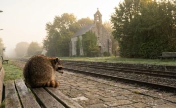 Poetry Slam über den Glauben: ein Waschbär sitzt an einem kleinen Landbahnhof, dahinter eine alte Kapelle im Morgenlicht