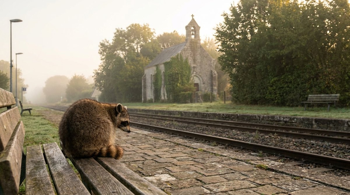 Poetry Slam über den Glauben: ein Waschbär sitzt an einem kleinen Landbahnhof, dahinter eine alte Kapelle im Morgenlicht