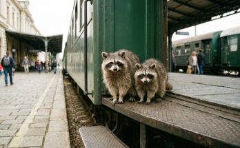 Poetry Slam über Gleichberechtigung: zwei Waschbären stehen gleich hoch nebeneinander auf dem Trittbrett eines Zuges