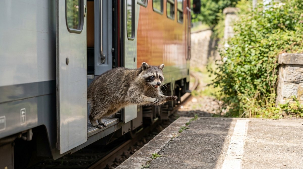 Poetry Slam über Glück: ein Waschbär springt kurz vor der Abfahrt fröhlich in einen Regionalzug