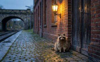 Waschbär sitzt unter einer Lampe neben einer Bahnhofstür – Grenzen setzen auf der Bühne heißt entscheiden, wer reinkommt