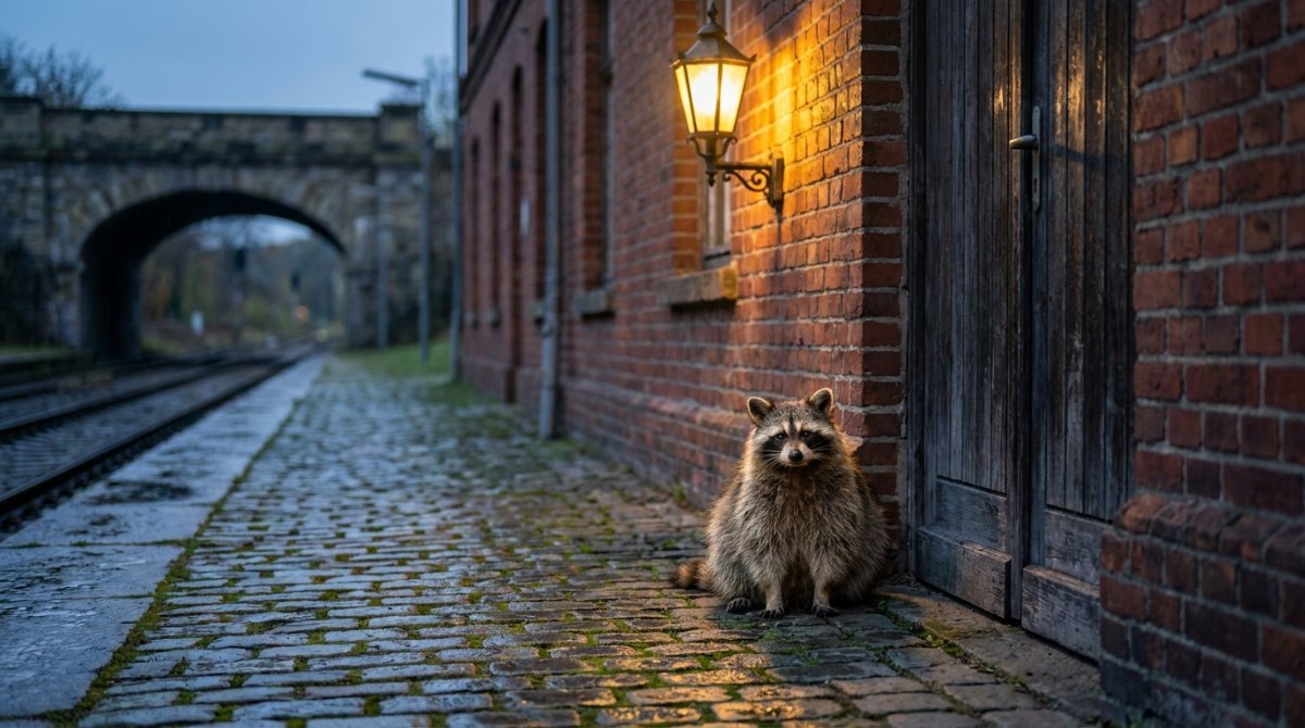Waschbär sitzt unter einer Lampe neben einer Bahnhofstür – Grenzen setzen auf der Bühne heißt entscheiden, wer reinkommt