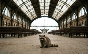 Große Bühne: Waschbär allein in einer riesigen Bahnhofshalle mit leeren Bankreihen