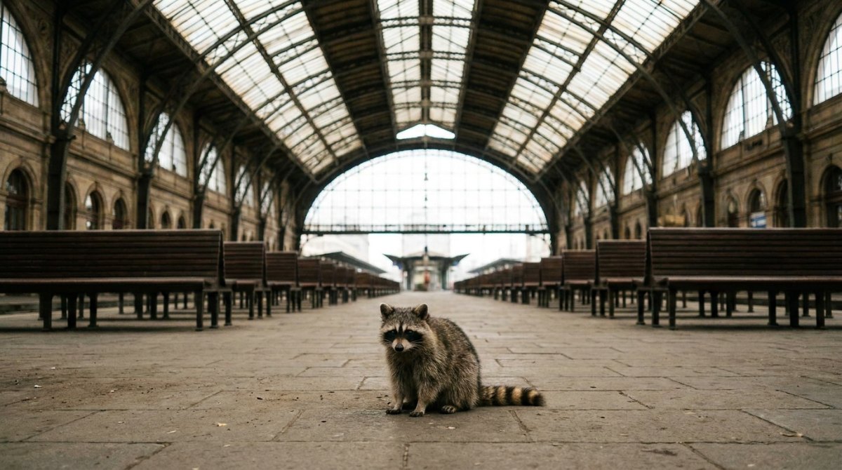 Große Bühne: Waschbär allein in einer riesigen Bahnhofshalle mit leeren Bankreihen