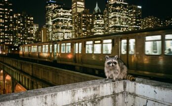 Poetry Slam über die Großstadt: ein Waschbär sitzt nachts auf einem Bahnviadukt vor der Skyline