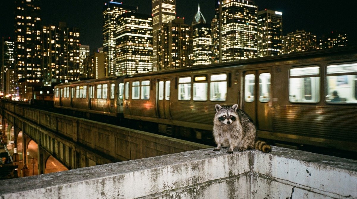 Poetry Slam über die Großstadt: ein Waschbär sitzt nachts auf einem Bahnviadukt vor der Skyline