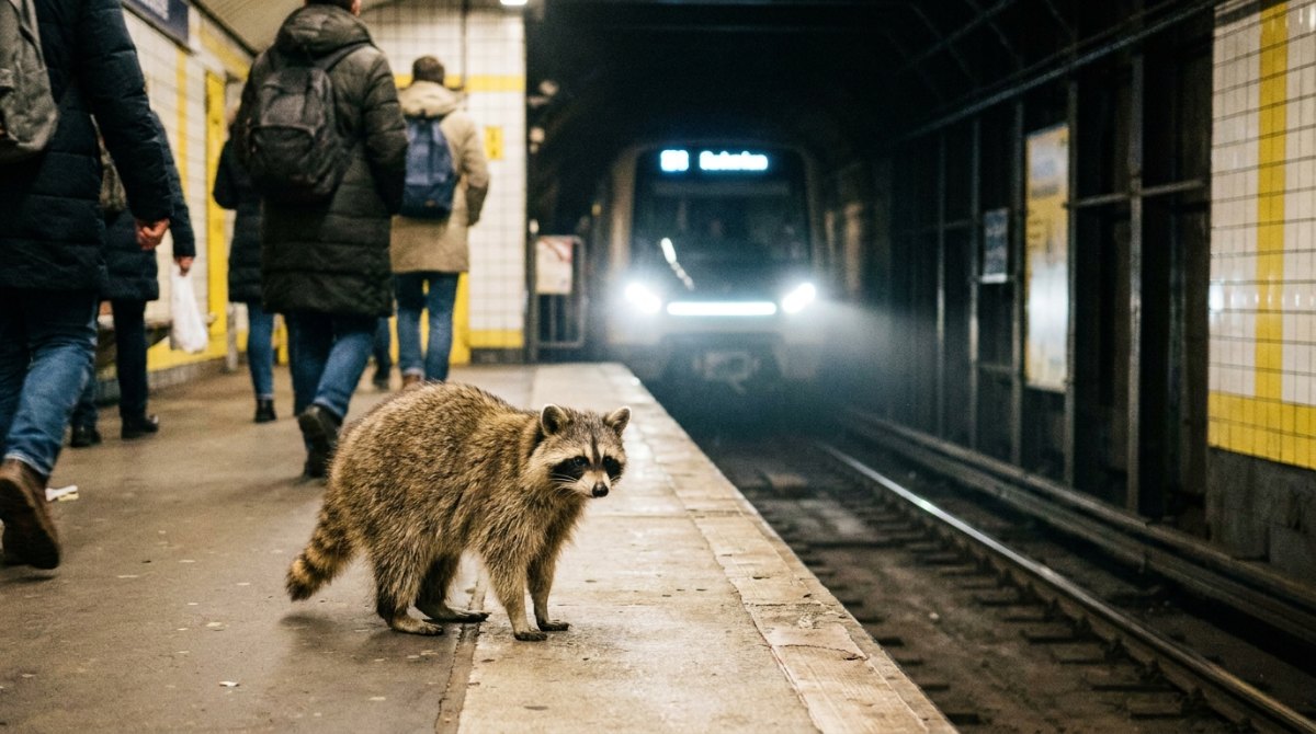 Ein Waschbär steht auf einem U-Bahnsteig, während ein Zug aus dem Tunnel einfährt