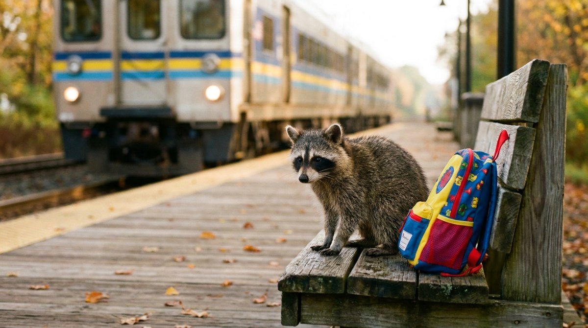 Ein junger Waschbär sitzt auf einer Bahnsteigbank neben einem bunten Schulranzen