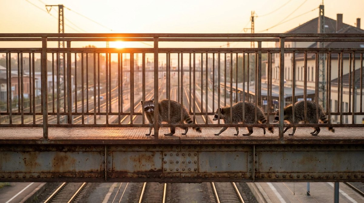 Gruppendynamik: drei Waschbären laufen über eine Fußgängerbrücke am Bahnhof