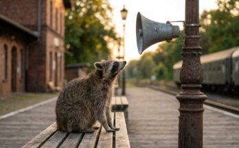 Waschbär sitzt auf einer Bahnsteigbank und schaut zum alten Lautsprecher hinauf – warum eine gute Stimme überbewertet ist