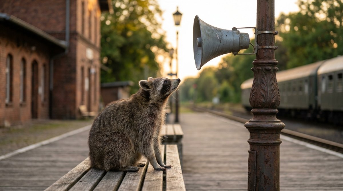 Waschbär sitzt auf einer Bahnsteigbank und schaut zum alten Lautsprecher hinauf – warum eine gute Stimme überbewertet ist