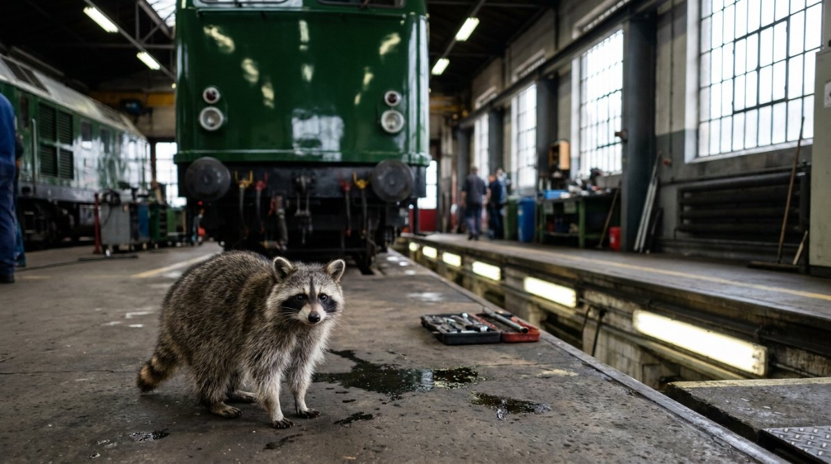 Waschbär in der Werkstatthalle vor einer frisch lackierten Lok – die gute Stimme ist nur die Lackierung