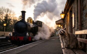 Habemus Papa: Waschbär am Museumsbahnhof schaut zum weißen Dampf der Lok