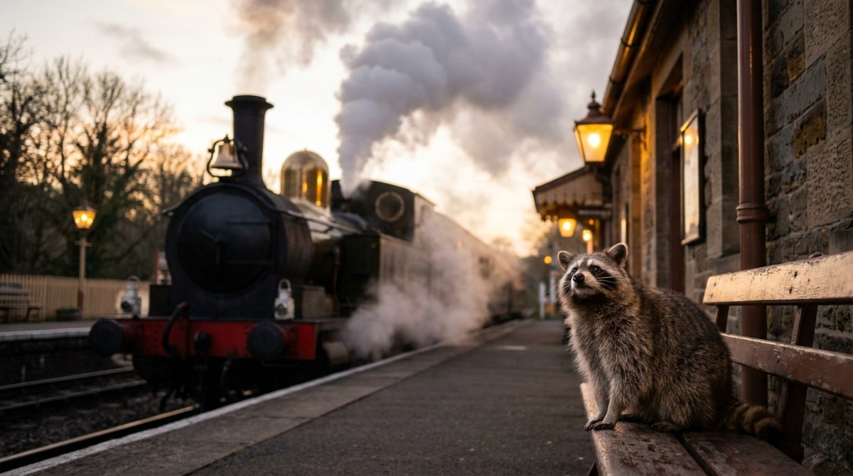 Habemus Papa: Waschbär am Museumsbahnhof schaut zum weißen Dampf der Lok