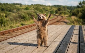 Hände hoch: Waschbär steht auf den Hinterbeinen und reckt beide Pfoten in die Luft, auf einem Holzbahnsteig