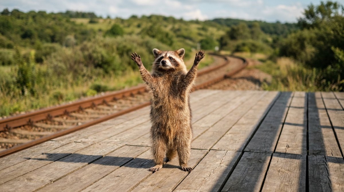 Hände hoch: Waschbär steht auf den Hinterbeinen und reckt beide Pfoten in die Luft, auf einem Holzbahnsteig