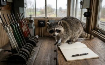 Waschbär im Stellwerk neben aufgeschlagenem Notizbuch und Füller – handschriftlich schreiben