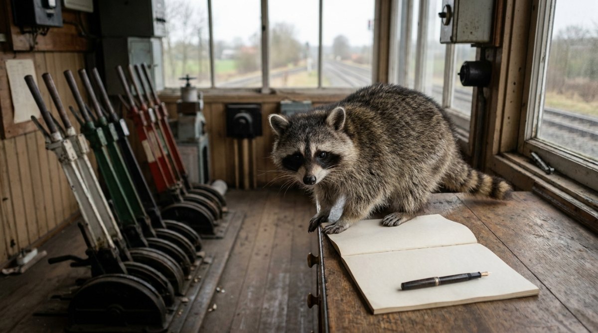 Waschbär im Stellwerk neben aufgeschlagenem Notizbuch und Füller – handschriftlich schreiben