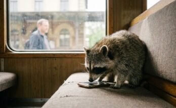 Poetry Slam über das Handy: ein Waschbär schnuppert an einem Smartphone auf einem Zugsitz