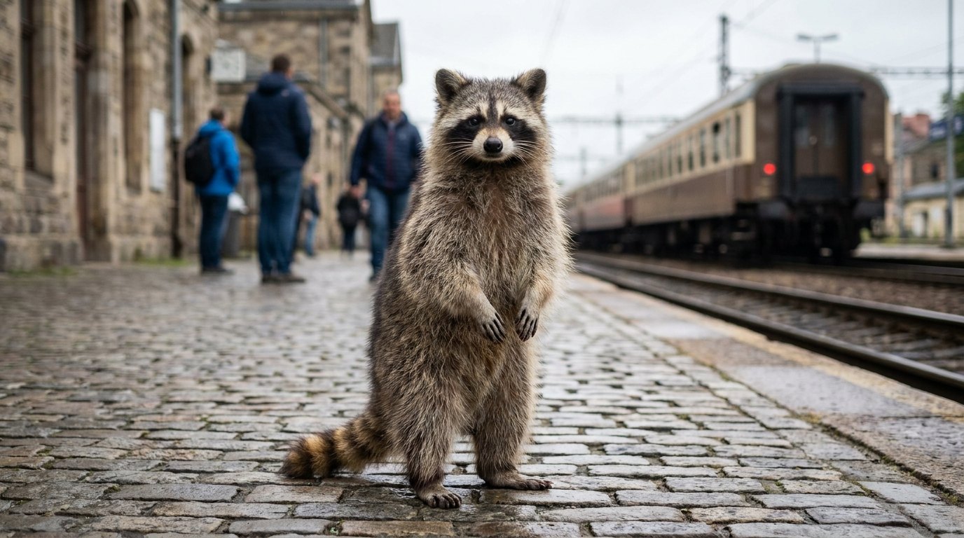 Waschbär steht aufrecht und ungerührt auf einem Bahnsteig