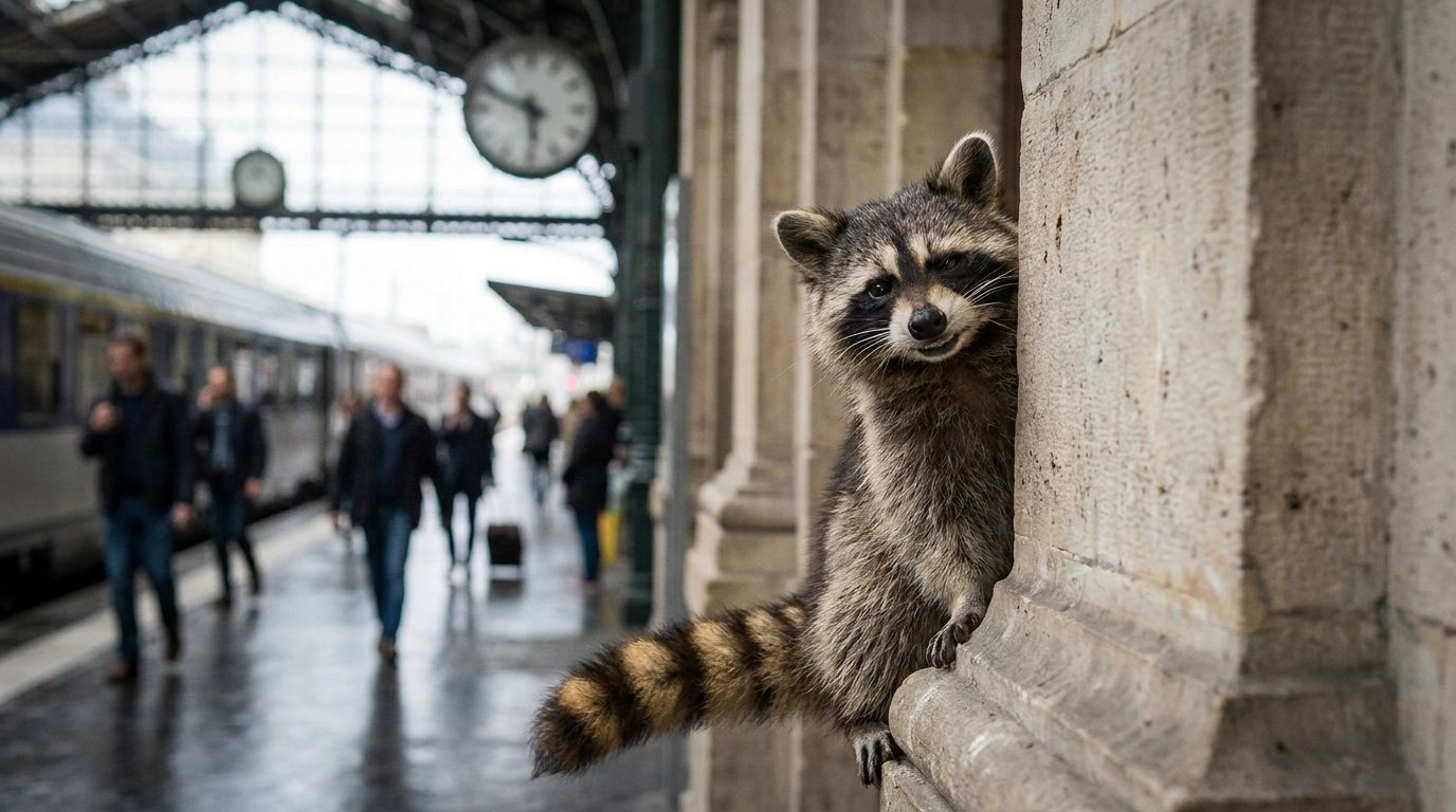 Waschbär lugt verschmitzt hinter einem Bahnhofspfeiler hervor