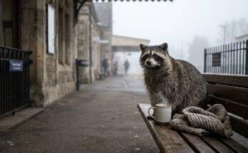 Waschbär auf einer Bahnsteigbank neben Teetasse und Strickschal im Morgennebel – heiser vor Auftritt