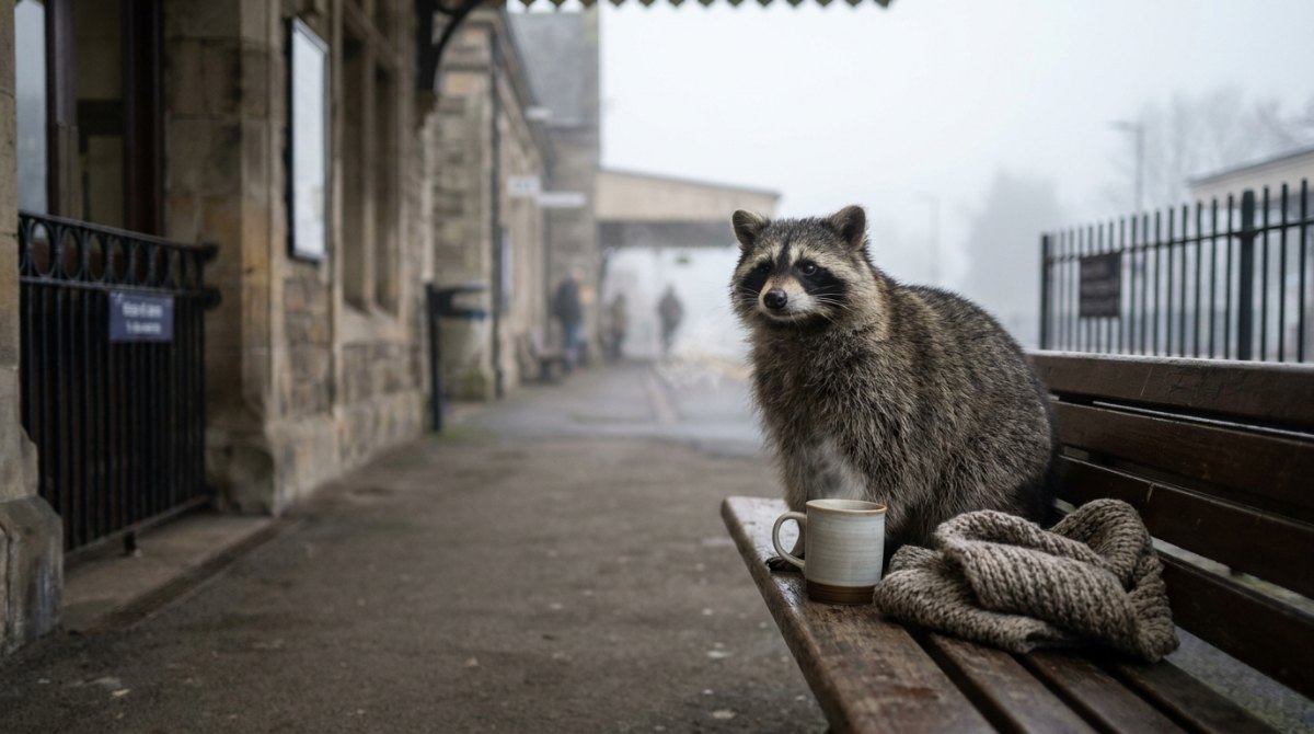 Waschbär auf einer Bahnsteigbank neben Teetasse und Strickschal im Morgennebel – heiser vor Auftritt