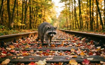 Poetry Slam über den Herbst: ein Waschbär läuft über ein Gleis voller bunter Herbstblätter