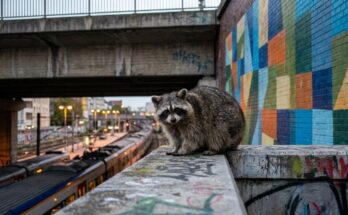 Hip-Hop: Waschbär auf einer Betonmauer mit Graffiti unter einer Bahnbrücke in der Stadt
