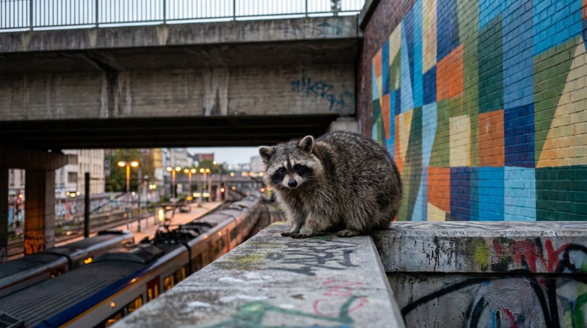 Hip-Hop: Waschbär auf einer Betonmauer mit Graffiti unter einer Bahnbrücke in der Stadt