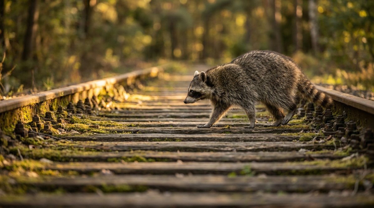Hip-Hop: Waschbär läuft im Takt über die Schwellen eines alten Gleises