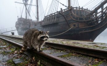 Historische Fehlschläge: Waschbär auf dem Hafengleis vor einem alten Kriegssegelschiff im Nebel