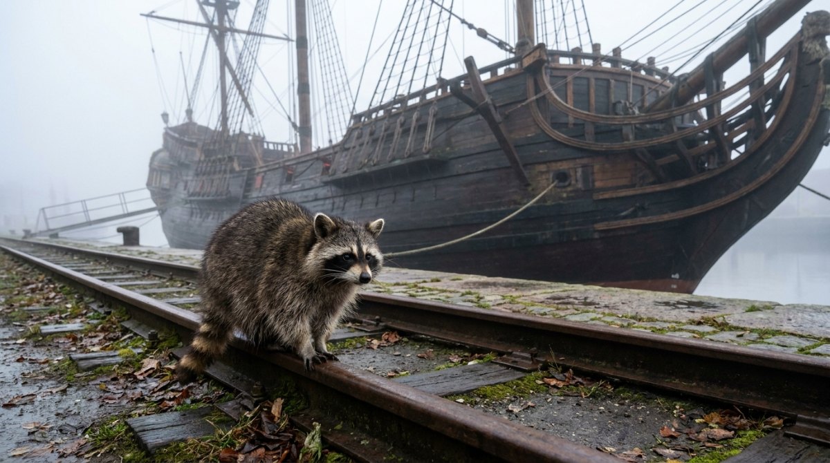 Historische Fehlschläge: Waschbär auf dem Hafengleis vor einem alten Kriegssegelschiff im Nebel