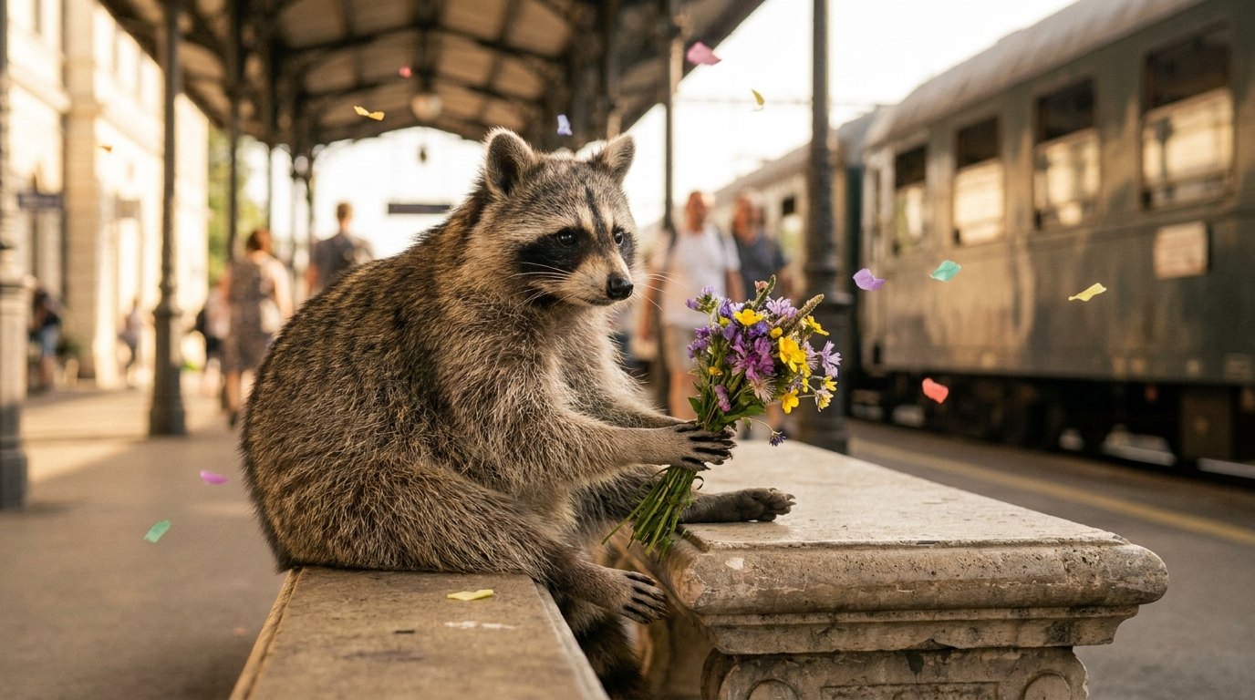 Ein Waschbär steht auf einem Bahnsteig und hält ein kleines Sträußchen Wildblumen in den Pfoten