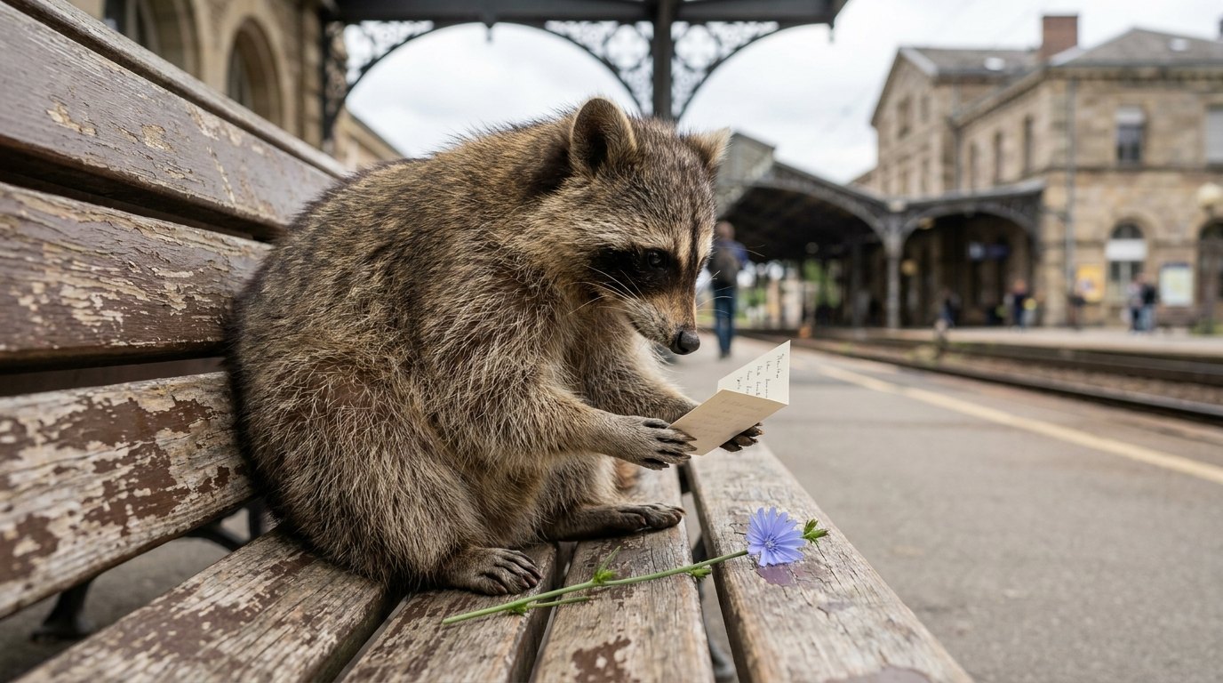 Ein Waschbär sitzt auf einer Bahnsteigbank und liest von einer kleinen gefalteten Karte