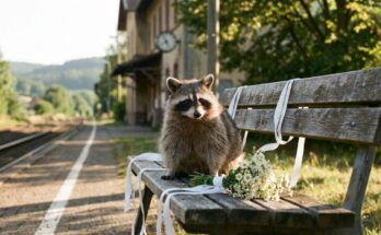Waschbär auf einer mit weißen Bändern geschmückten Bahnsteigbank mit Blumenstrauß – Hochzeitsrede schreiben
