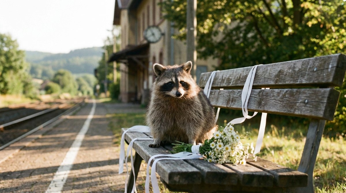 Waschbär auf einer mit weißen Bändern geschmückten Bahnsteigbank mit Blumenstrauß – Hochzeitsrede schreiben