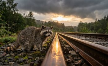 Poetry Slam über Hoffnung: ein Waschbär sitzt am Gleis, als nach dem Regen die Sonne durch die Wolken bricht