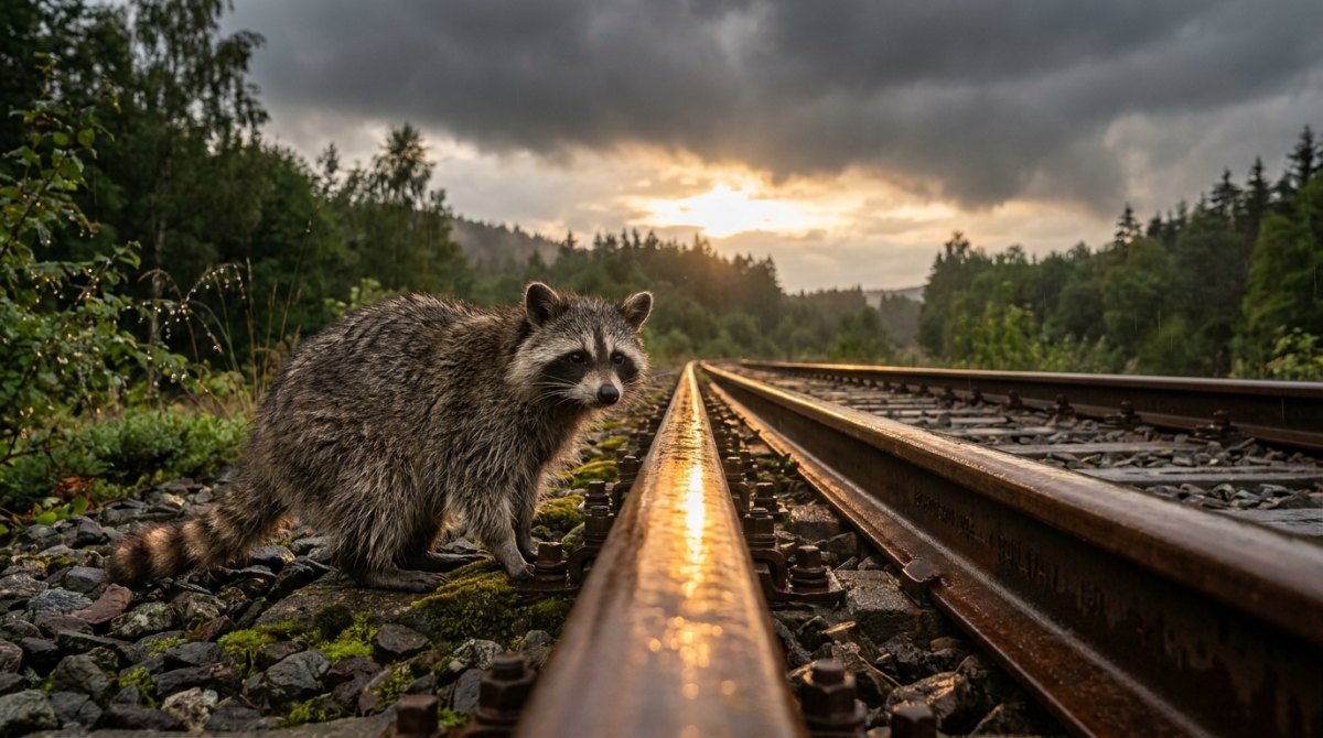 Poetry Slam über Hoffnung: ein Waschbär sitzt am Gleis, als nach dem Regen die Sonne durch die Wolken bricht