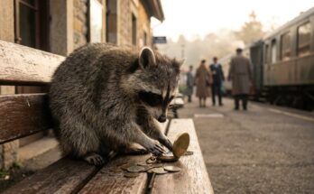 Waschbär mit Taschenuhr und Münzen auf einer Bahnsteigbank – Humor auf Kosten anderer